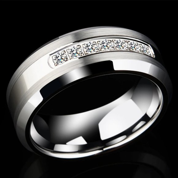 Tungsten Carbide Wedding Band With Clear Zircon - Picture 5 of 11